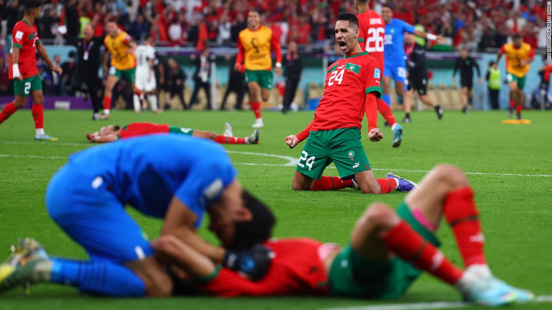 Morocco players celebrate after defeating Portugal 1-0 on December 10. The &quot;Atlas Lions&quot; made history by becoming the first African team to reach a World Cup semifinal. 