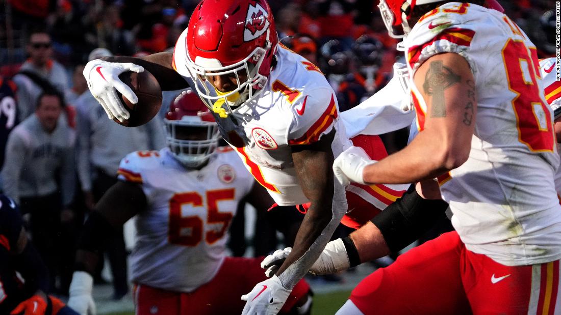 Kansas City Chiefs running back Jerick McKinnon dives for a touchdown against the Denver Broncos on December 11. McKinnon scored two receiving touchdowns in the game, and the Chiefs won 34-28.