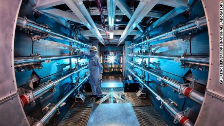A technician is seen inside the preamplifier support structure of the National Ignition Facility at the Lawrence Livermore National Laboratory in California.