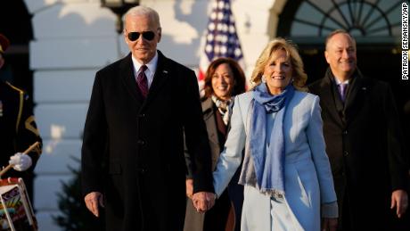 President Joe Biden and first lady Jill Biden arrive with Vice President Kamala Harris and second gentleman Doug Emhoff for a bill signing ceremony for the Respect for Marriage Act on Tuesday, December 13, 2022, on the South Lawn of the White House. 