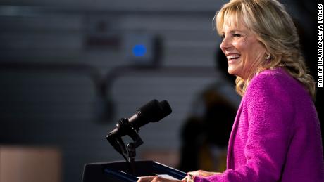 First Lady Jill Biden speaks at a Democratic campaign rally at Bowie State University on November 7, 2022, in Bowie, Maryland. 