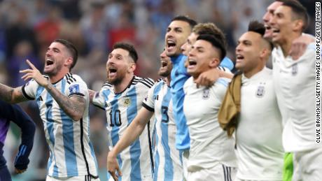 Argentina&#39;s players celebrate with their fans at full time.