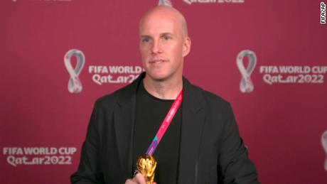 A screenshot taken from video provided by FIFA of journalist Grant Wahl at an awards ceremony in Doha, Qatar in Nov. 2022. Wahl, one of the most well-known soccer writers in the United States, died early Saturday Dec. 10, 2022 while covering the World Cup match between Argentina and the Netherlands. 