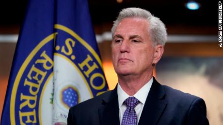 House Minority Leader Kevin McCarthy pauses as he talks to reporters at the Capitol on Wednesday.