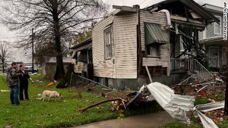 A house is seen damaged after a confirmed tornado on Friscoville Avenue in Arabi, La., in St. Bernard Parish, Wednesday, Dec. 14, 2022. (AP Photo/Matthew Hinton)