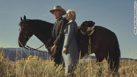 Harrison Ford as Jacob Dutton and Helen Mirren as Cara Dutton in 1923, streaming on Paramount+ 2022. 