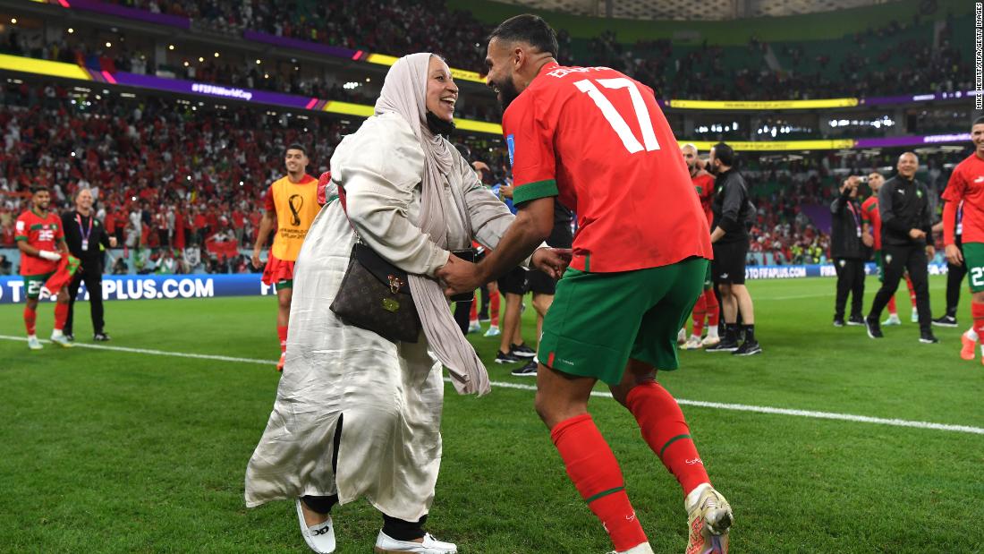 Sofiane Boufal of Morocco celebrates with a family member.