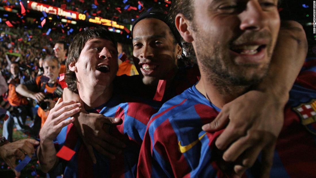 Messi, left, celebrates with teammates Ronaldinho, center, and Rafael Márquez after Barcelona won the Spanish league title in May 2006. Less than two weeks later, Barcelona won the Champions League — Messi&#39;s first with the club.