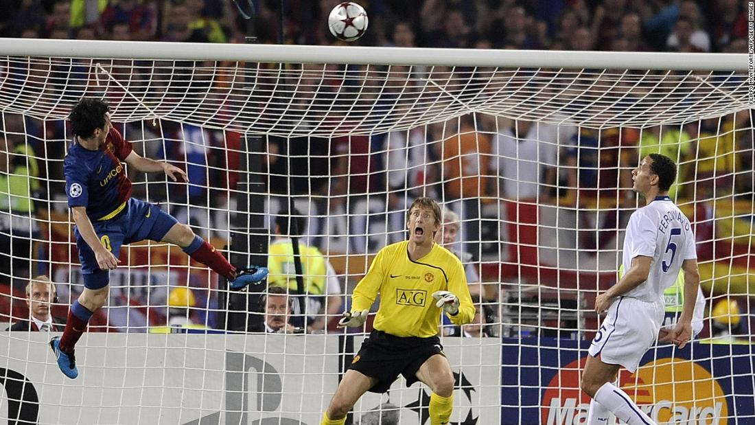 Messi leaps for a header, scoring a goal in the Champions League final against Manchester United in May 2009. Barcelona won 2-0.