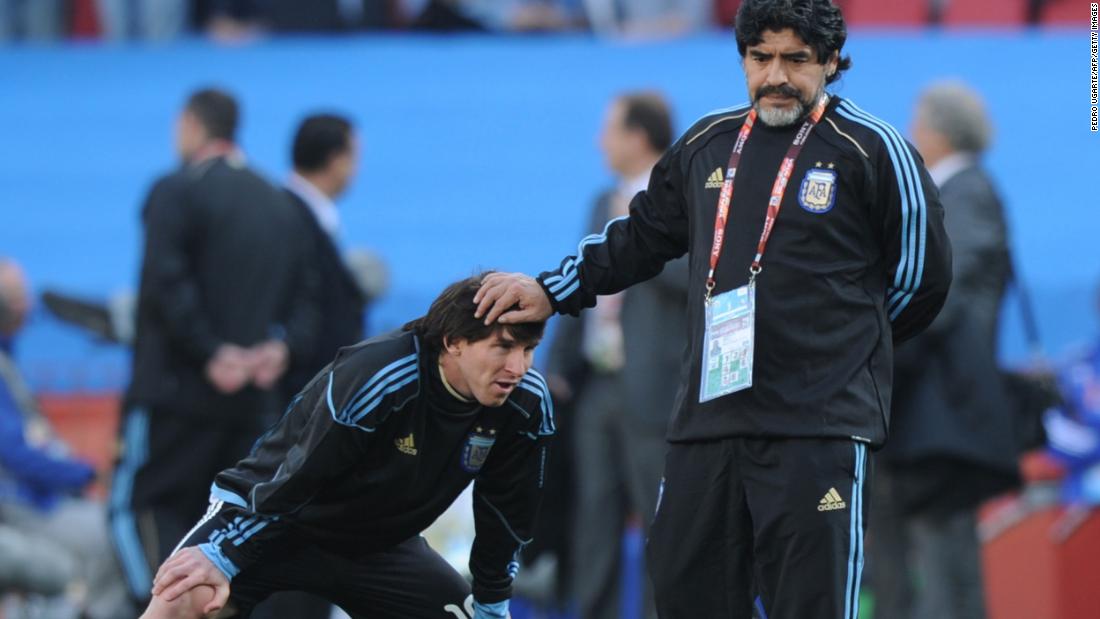 &lt;a href=&quot;http://www.cnn.com/2020/11/25/football/gallery/diego-maradona/index.html&quot; target=&quot;_blank&quot;&gt;Argentina legend Diego Maradona&lt;/a&gt; touches Messi&#39;s head prior to a World Cup match in South Africa in 2010. Maradona was Argentina&#39;s coach for the tournament. Argentina lost to Germany in the quarterfinals, just as it did in 2006.