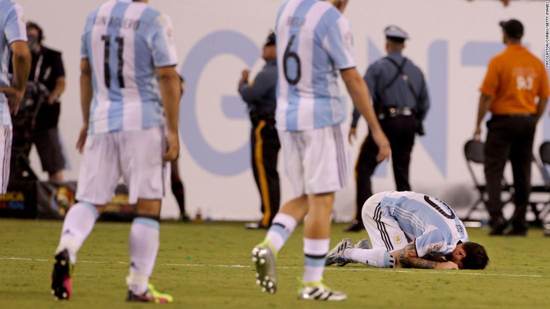 Messi collapses to the ground after missing in the penalty shootout that decided the Copa América final in June 2016. After the loss to Chile, Messi said he would probably retire from international soccer. He did not.