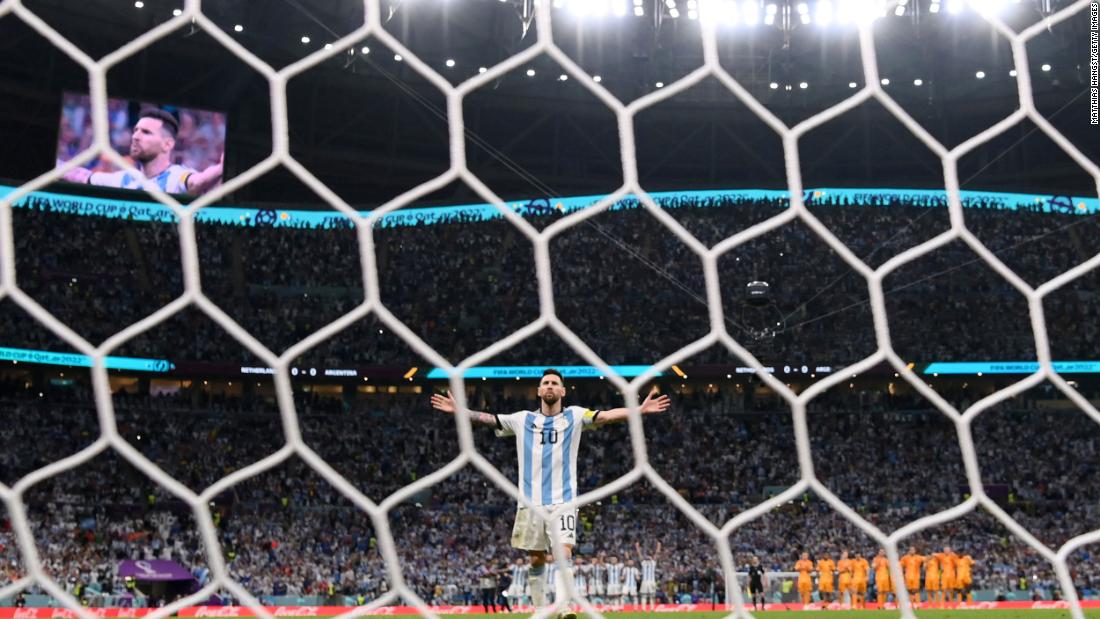 Messi celebrates after scoring during Argentina&#39;s shootout victory over the Netherlands in the World Cup quarterfinals in December 2022.