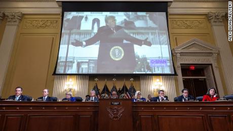 A video of former President Donald Trump is played on October 13, 2022, during a public hearing of the House select committee investigating the January 6, 2021 attack on the US Capitol.