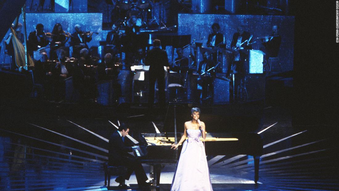 Warwick performs at the Academy Awards in 1981. She performed the song &quot;People Alone,&quot; which was nominated for best original song.