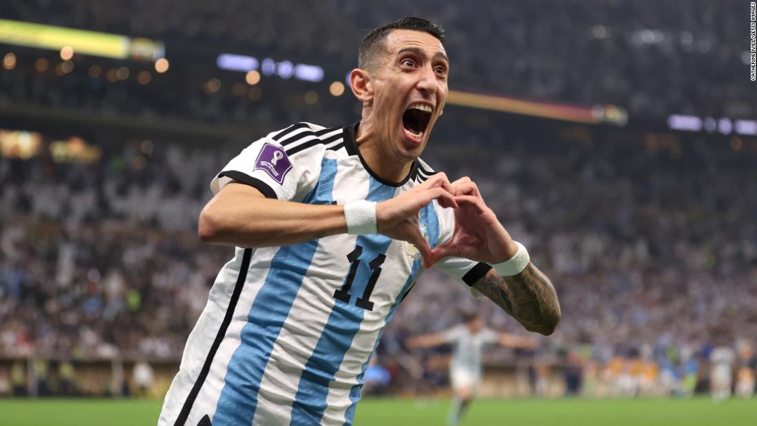 Angel Di Maria celebrates after scoring Argentina&#39;s second goal in the first half. Argentina led 2-0 at halftime.
