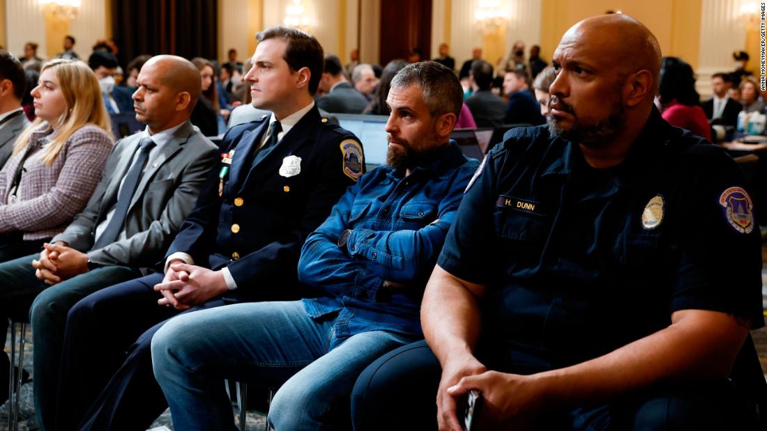 Men who defended the US Capitol on January 6, 2021, attend Monday&#39;s public meeting. From right ar Capitol Police Officer Harry Dunn, former Metropolitan Police Department officer Michael Fanone, Metropolitan Police Department officer Daniel Hodges and Capitol Police Sgt. Aquilino Gonell.