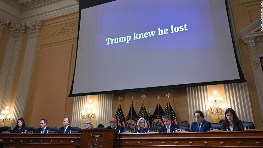A screen above the committee reads &quot;Trump knew he lost&quot; as the panel summarizes its various findings on Monday.