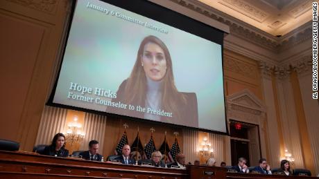 Hope Hicks, former senior adviser to President Donald Trump, displayed on a screen during a hearing of the Select Committee to Investigate the January 6th Attack on the US Capitol in Washington, DC, US, on Monday, Dec. 19, 2022. The committee investigating the deadly Jan. 6 Capitol insurrection will complete its 17-month probe with votes on recommendations for the first-ever criminal prosecution of a former president, with offenses including insurrection. 