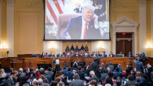 WASHINGTON, DC - DECEMBER 19: An image of former President Donald Trump is displayed as members of the House Select Committee to Investigate the January 6 Attack on the U.S. Capitol hold its last public meeting in the Canon House Office Building on Capitol Hill on December 19, 2022 in Washington, DC. The committee is expected to approve its final report and vote on referring charges to the Justice Department of insurrection, obstruction of an official proceeding of Congress and conspiracy to defraud the United States against former President Donald Trump. 