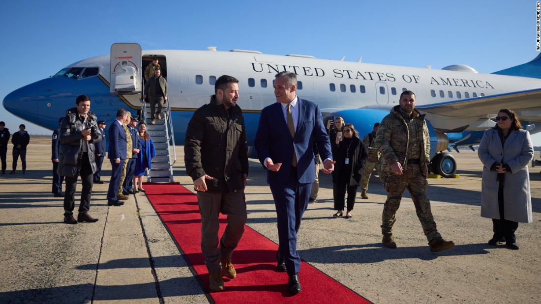 Zelensky, left, is greeted by Rufus Gifford, chief of protocol for the state department, after landing in the United States on Wednesday.