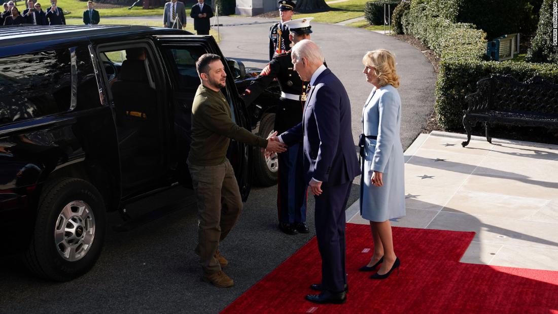 Biden shakes hands with Zelensky as he arrives at the White House.