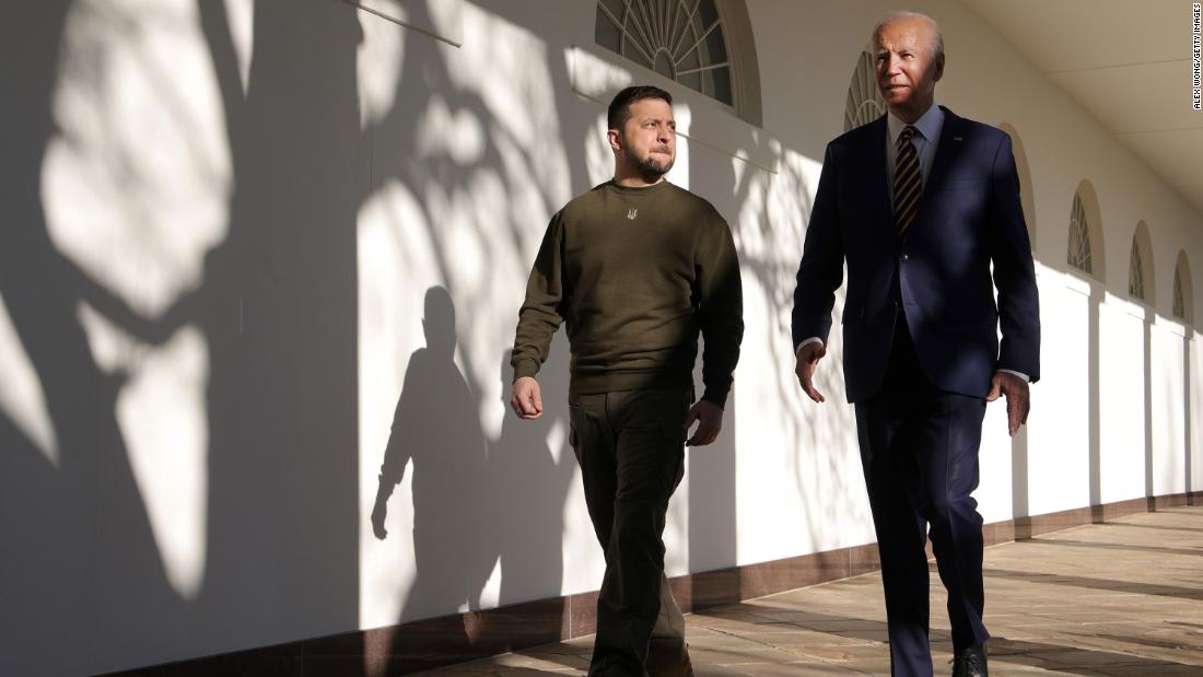 Biden and Zelensky walk down the Colonnade of the White House as they make their way to the Oval Office.