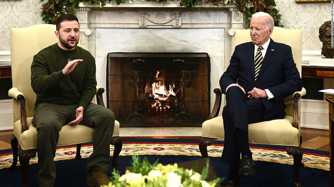 Zelensky meets with Biden in the Oval Office of the White House.