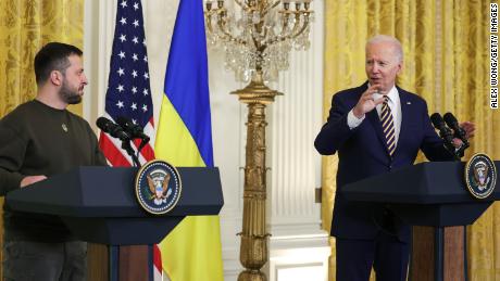 WASHINGTON, DC - DECEMBER 21: U.S. President Joe Biden (R) and President of Ukraine Volodymyr Zelensky participate in a joint press conference in the East Room at the White House on December 21, 2022 in Washington, DC. Zelensky is meeting with President Biden on his first known trip outside of Ukraine since the Russian invasion began, and the two leaders are expected to discuss continuing military aid. Zelensky will reportedly address a joint meeting of Congress in the evening. (Photo by Alex Wong/Getty Images)