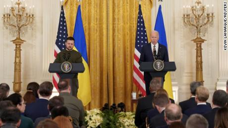 Ukrainian President Volodymyr Zelensky and US President Joe Biden during a joint news conference in the East Room of the White House in Washington, on December 21, 2022. 
