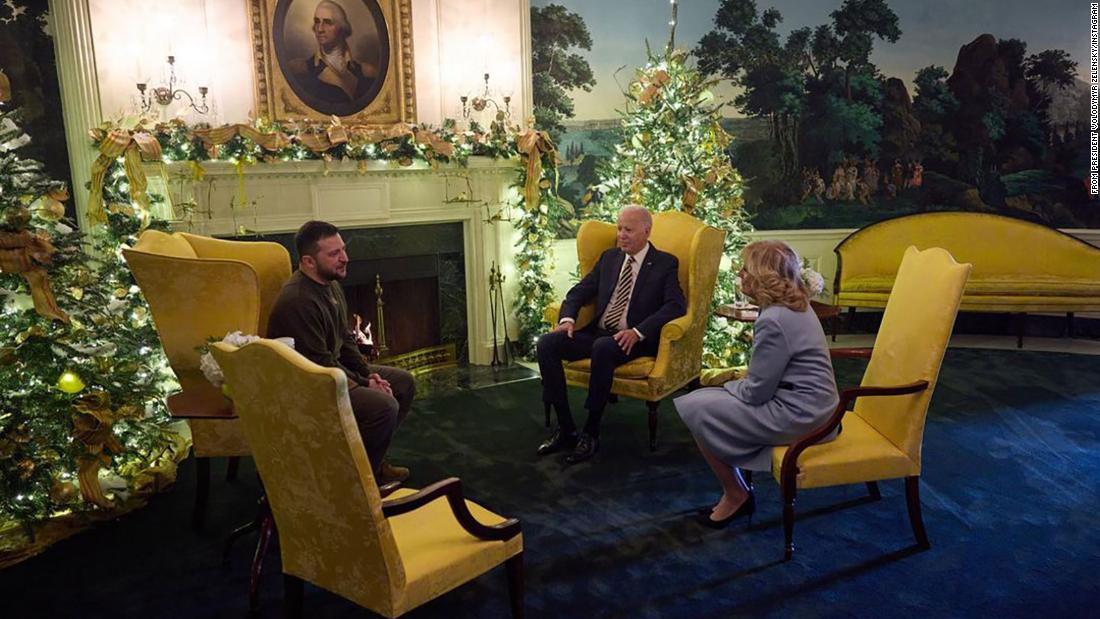 Zelensky sits with Biden and first lady Jill Biden inside the White House.
