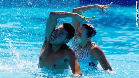 China&#39;s She Haoyu and Zhang Yiyao perform during the mixed duet free final at the FINA World Championships at the Alfred Hajos Swimming Complex, Budapest, Hungary, in June 2022.