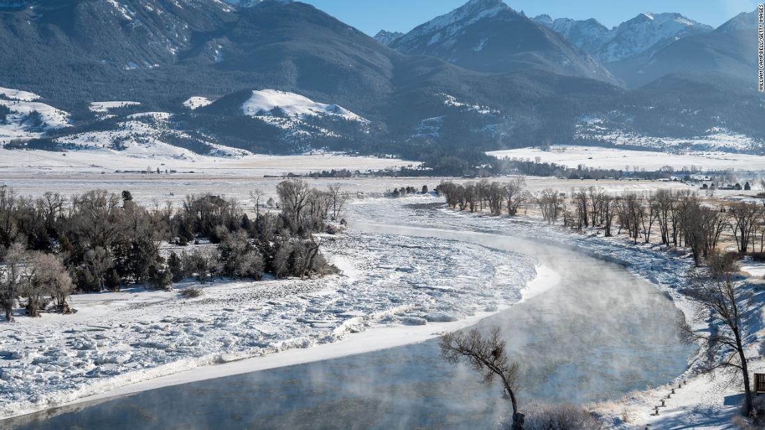 Mist rises above ice flows on the Yellowstone River on December 22 in Paradise Valley, Montana. 