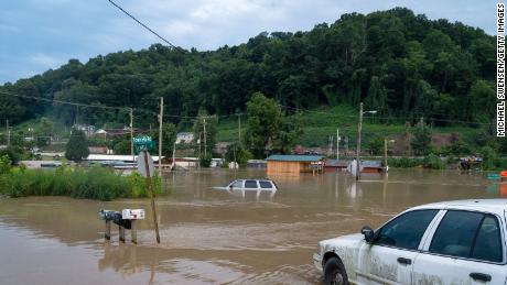 Submerged vehicles in Jackson, Kentucky, in July. Between 8 and 10 inches of rain fell within 48 hours from July 27 to 28 across Eastern Kentucky. The month was Jackson&#39;s wettest July on record.