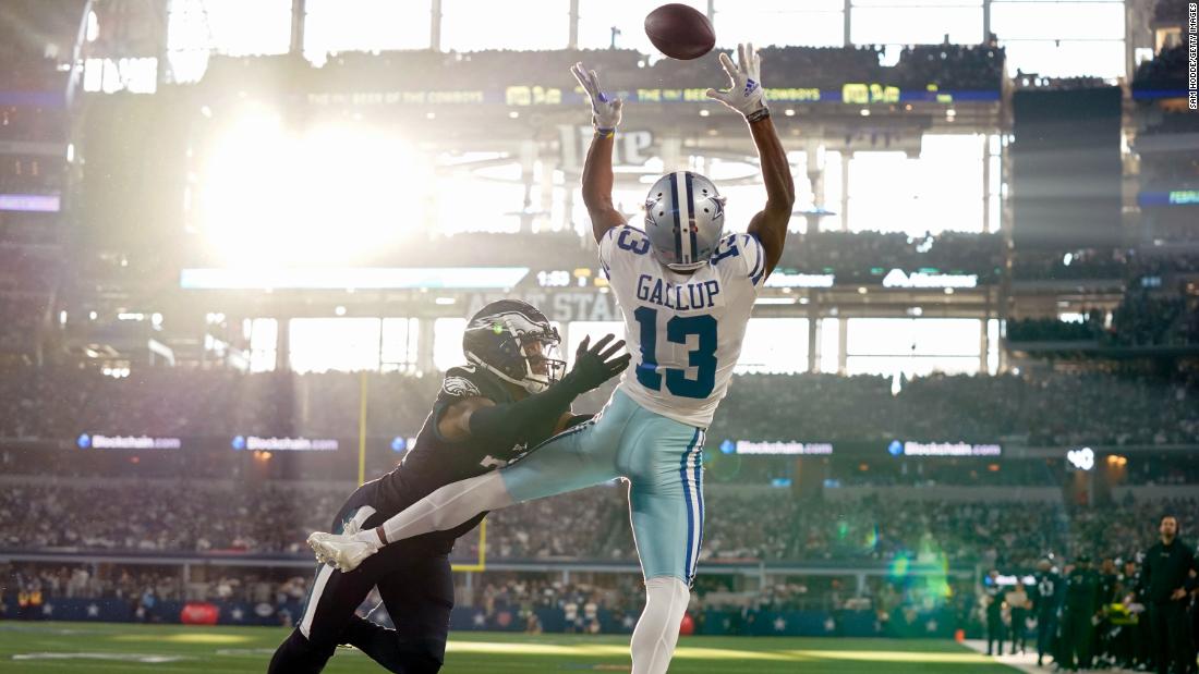 Michael Gallup of the Dallas Cowboys is unable to make a catch in the end zone under pressure from James Bradberry of the Philadelphia Eagles. The Cowboys won 40-34.