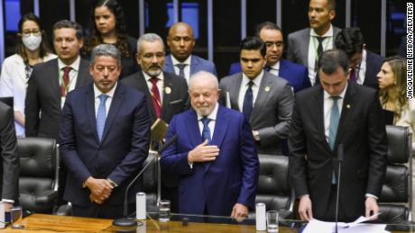 Brazil&#39;s new President Luiz Inacio Lula da Silva gestures as he is sworn in at the National Congress, in Brasilia, Brazil, January 1, 2023.