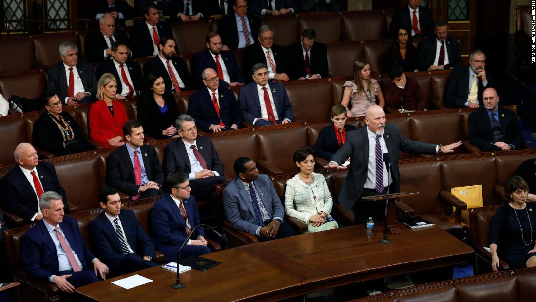 US Rep. Chip Roy, a Republican from Texas, delivers remarks on the House floor on Tuesday. Roy, one of the Republicans who voted against McCarthy, was nominating Rep. Jim Jordan for the speakership. &quot;This is not personal,&quot; Roy said. &quot;This is about the future of this country.&quot;