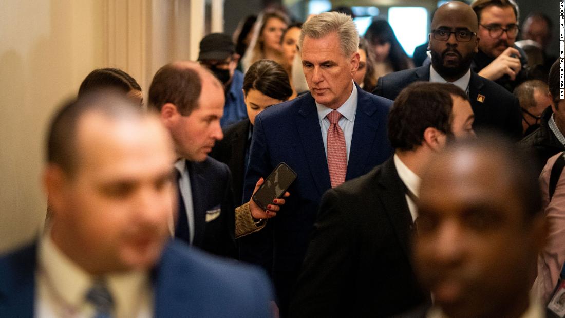 McCarthy talks to reporters following a GOP Caucus meeting earlier on Tuesday. The closed-door meeting grew tense and heated as uncertainty grew over McCarthy&#39;s fate.