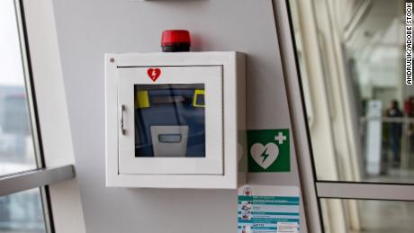 Defibrillators are often available in public places like airports.