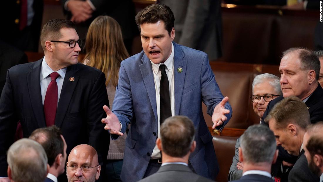 Gaetz passionately addresses other conservatives on the House floor after Wednesday&#39;s first failed vote.