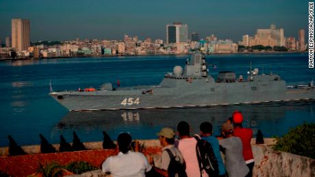 The Russian Navy frigate Admiral Gorshkov arrives at the port of Havana, Cuba, on June 24, 2019. 