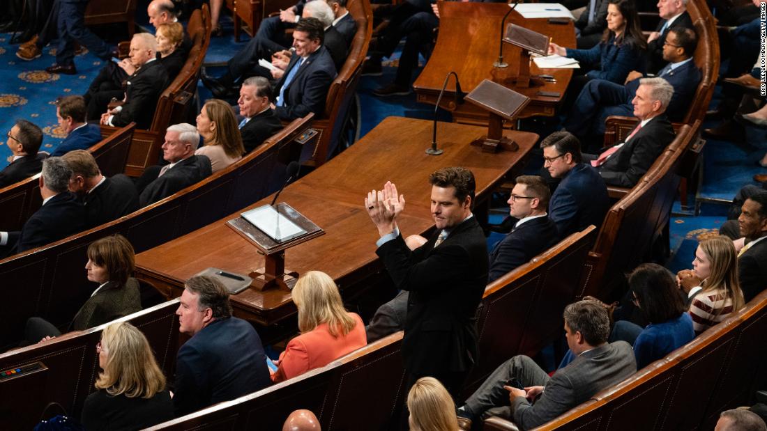 Gaetz applauds during one of Thursday&#39;s votes. Gaetz has been one of the Republicans voting against McCarthy, and on Thursday he even cast votes for former President Donald Trump. &lt;a href=&quot;https://www.cnn.com/politics/live-news/house-speaker-leadership-vote-01-05-23/h_1d4ca25219080226a8285766c395b803&quot; target=&quot;_blank&quot;&gt;He told CNN Thursday&lt;/a&gt; that the vote for speakership can end in two ways: &quot;Either Kevin McCarthy withdraws from the race, or we construct a straitjacket that he is unable to evade.&quot;