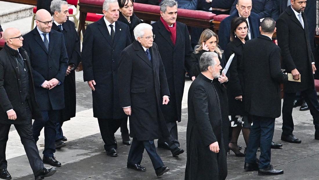 Italian President Sergio Mattarella arrives during the funeral mass of Pope Emeritus Benedict XVI at St. Peter&#39;s Square.