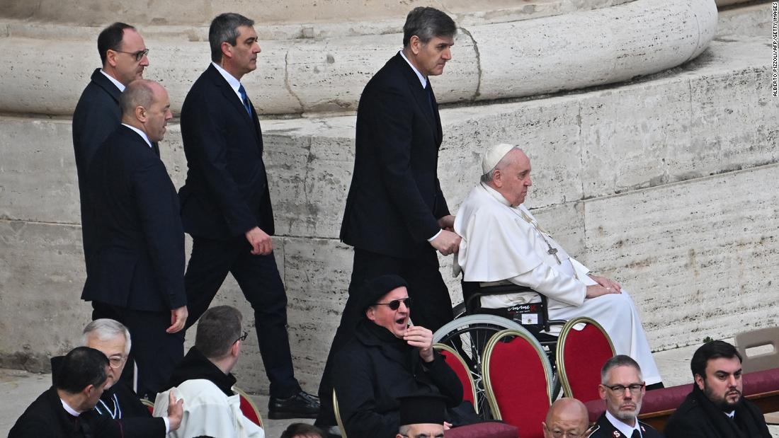 Pope Francis arrives during the funeral mass of Pope Emeritus Benedict XVI at St. Peter&#39;s Square in the Vatican.