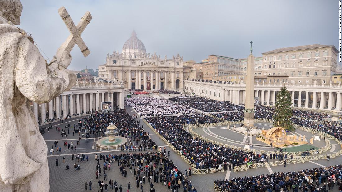 A view of St. Peter&#39;s Square with St. Peter&#39;s Basilica during the public funeral mass for Pope Emeritus Benedict XVI. 
