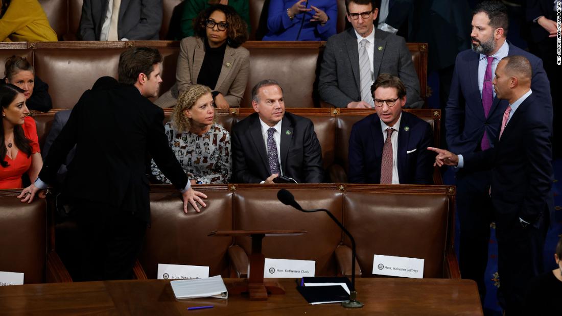 Gaetz, left, and Jeffries, right, speak with other members of the House on Thursday.