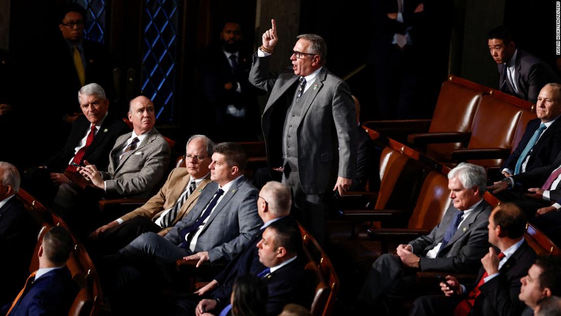 US Rep. Mike Bost, a Republican from Illinois, yells at Gaetz while Gaetz was speaking on Friday.