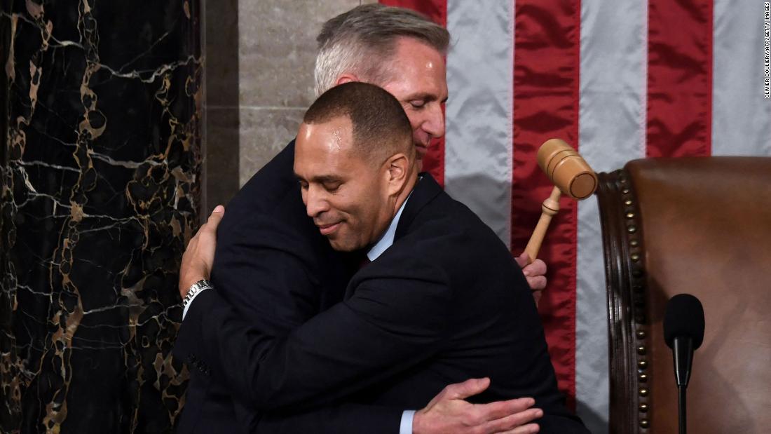 McCarthy hugs House Minority Leader Hakeem Jeffries, the first Black lawmaker to lead a party in Congress.