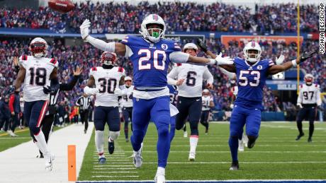 Buffalo Bills running back Nyheim Hines scores a touchdown on a kickoff return during the first half of the game against the New England Patriots.