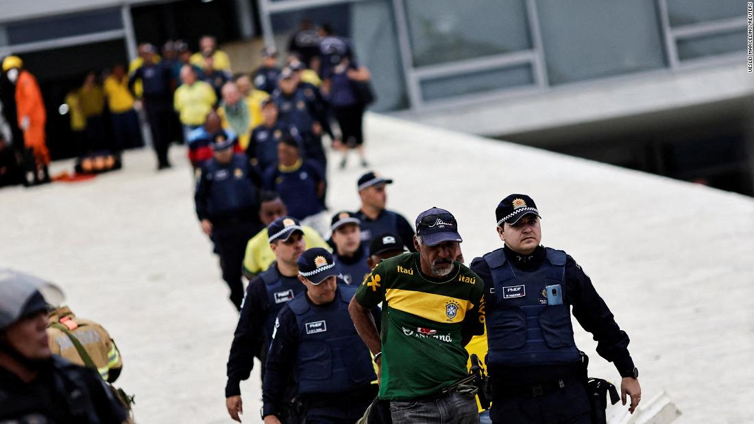 Supporters of former President Jair Bolsonaro are detained during a demonstration at Planalto Palace.