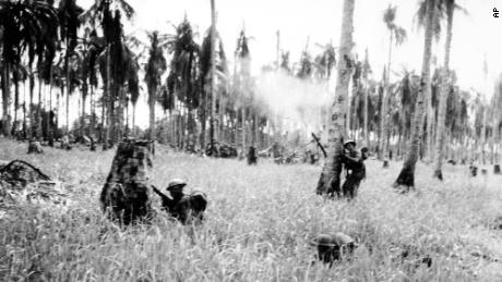 Australian forces advance through a coconut grove and kunai grass in Japanese-occupied New Guinea in February 1943 during World War II.